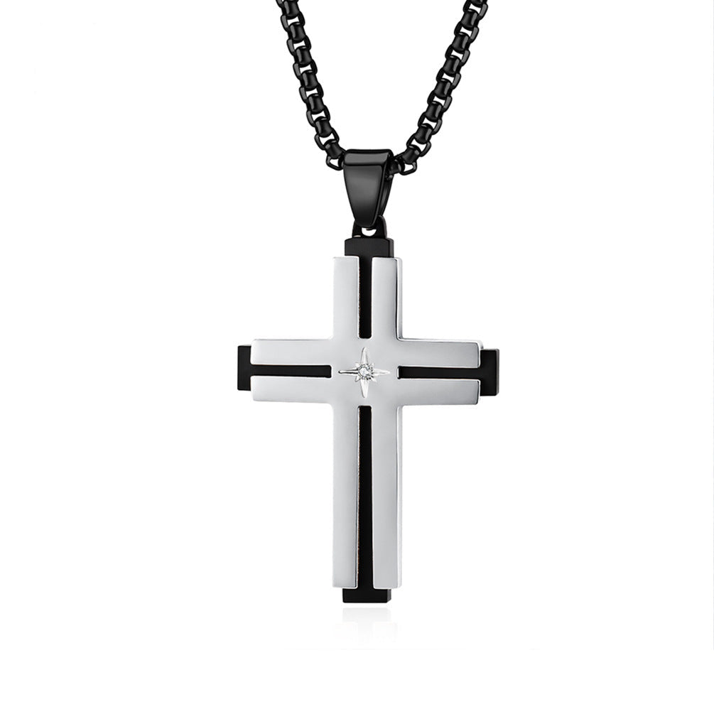 Minimalist Beveled Hexagram-Embellished Stainless Steel Cross Pendant Hip-hop Inlaid Stone Necklace Accessory