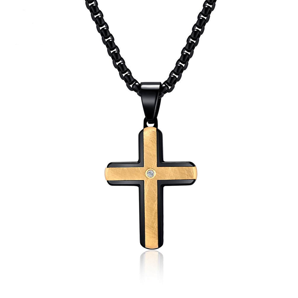 Silk Texture Bezel Set Necklace with Small-Sized Two-Tone Cross Pendant - Men's Stamped Fashion Accessory