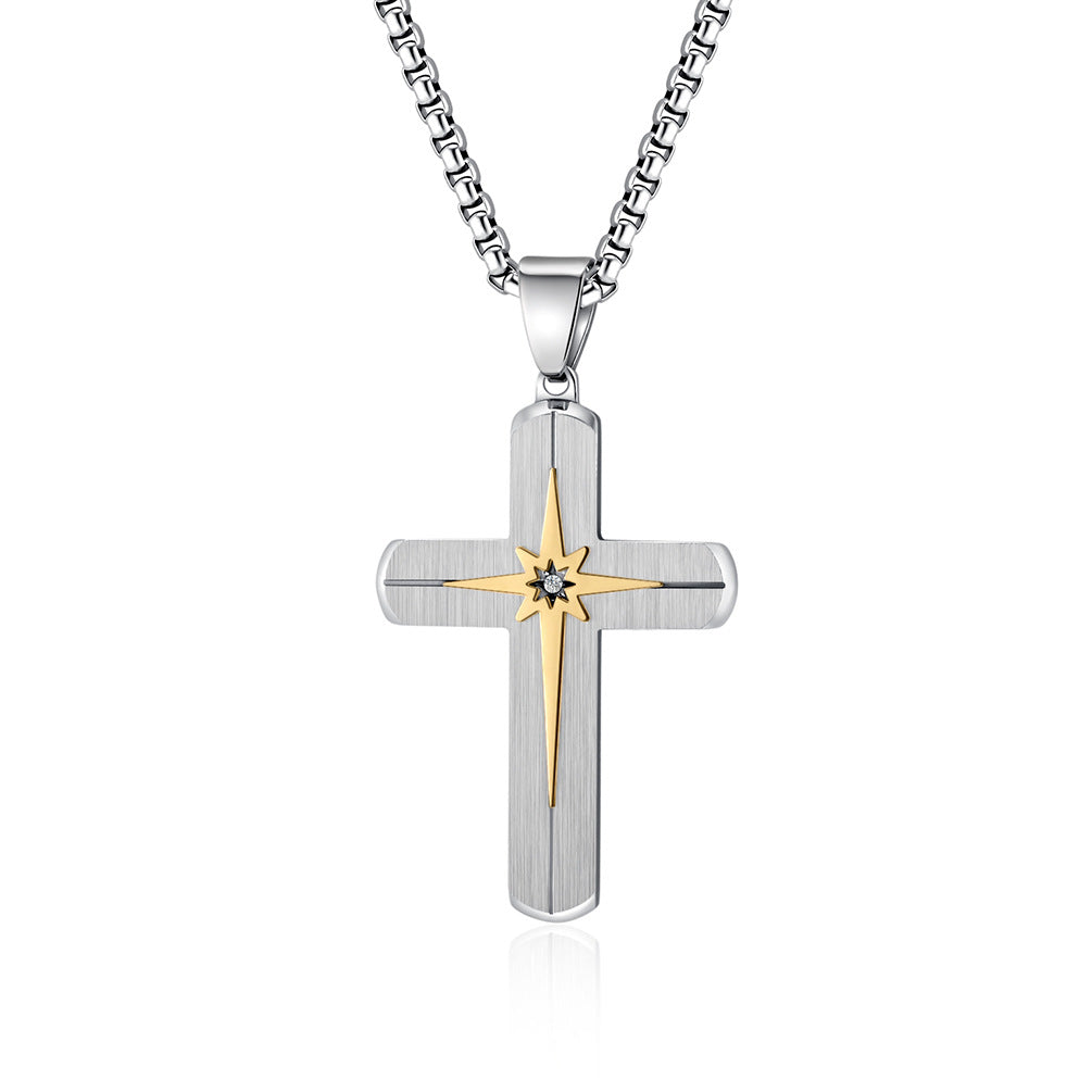 Minimalist Beveled Hexagram-Embellished Stainless Steel Cross Pendant Hip-hop Inlaid Stone Necklace Accessory