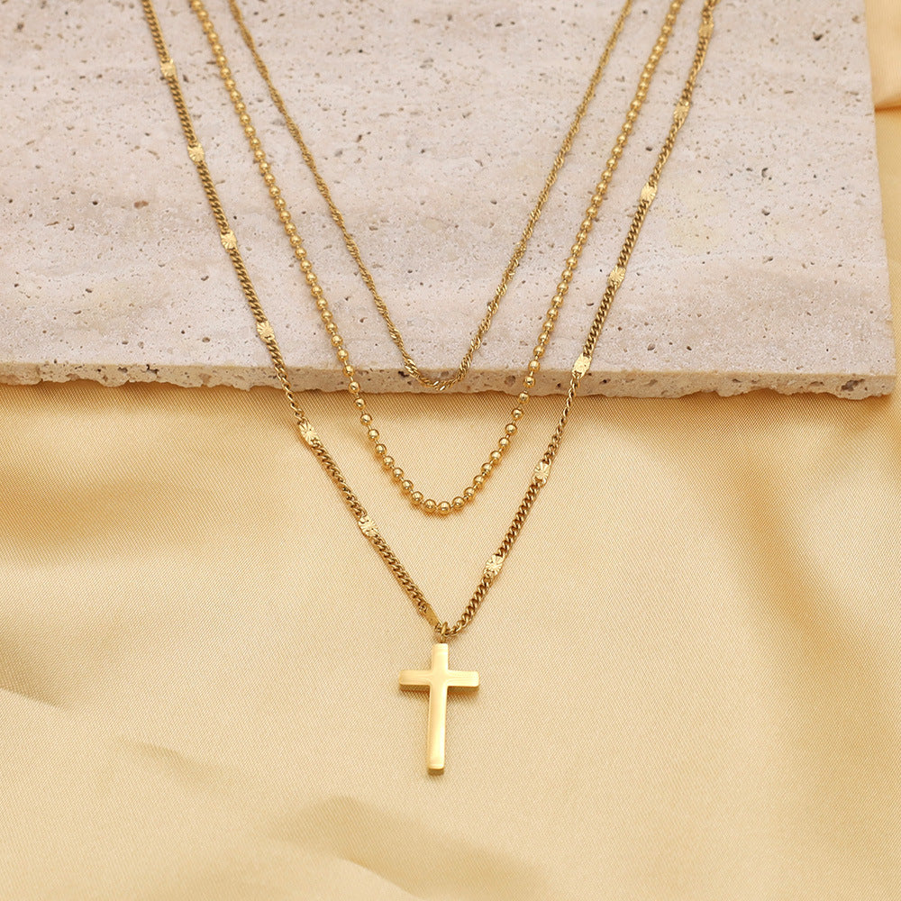 French Retro 3-Layer Chain Stackable Cross Pendant Necklace Tarnish-Resistant Clavicle Chain for Men and Women Trendy Vintage Jewelry Piece