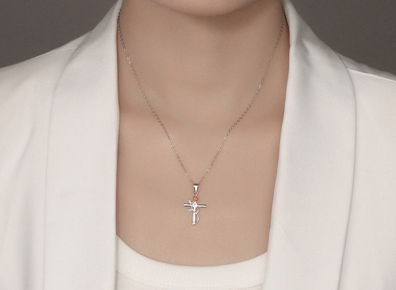S925 Sterling Silver Rose Cross Necklace for Women - Summer High-End Pendant Versatile Clavicle Chain