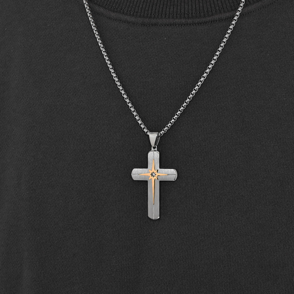 Minimalist Beveled Hexagram-Embellished Stainless Steel Cross Pendant Hip-hop Inlaid Stone Necklace Accessory