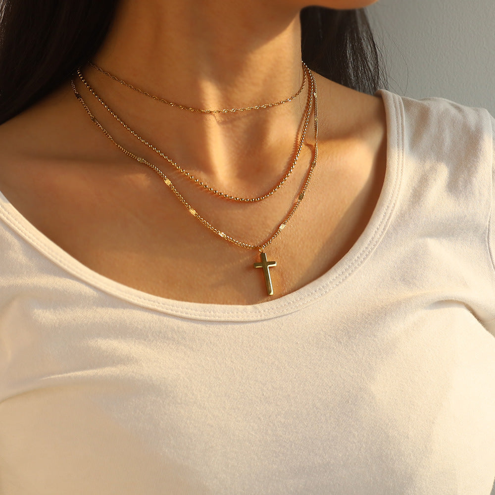 French Retro 3-Layer Chain Stackable Cross Pendant Necklace Tarnish-Resistant Clavicle Chain for Men and Women Trendy Vintage Jewelry Piece