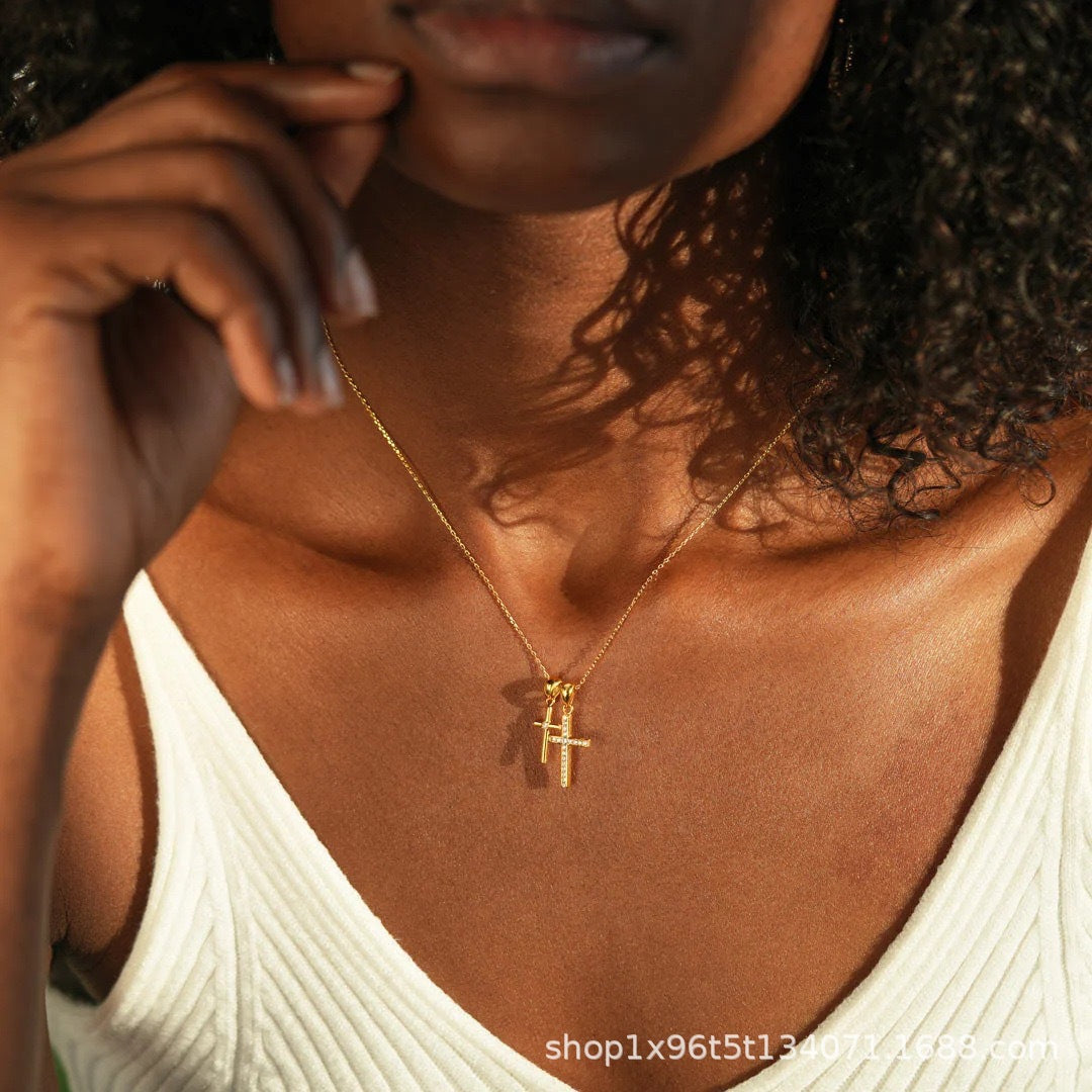 S925 Sterling Silver Double Cross Minimalist Pendant Necklace - Trendy Collarbone Chain for Women, Internet-Famous Style
