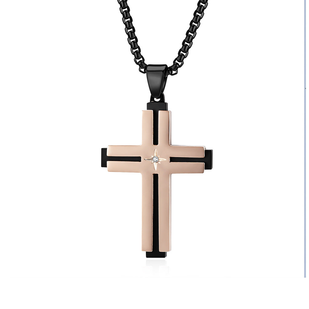 Minimalist Beveled Hexagram-Embellished Stainless Steel Cross Pendant Hip-hop Inlaid Stone Necklace Accessory