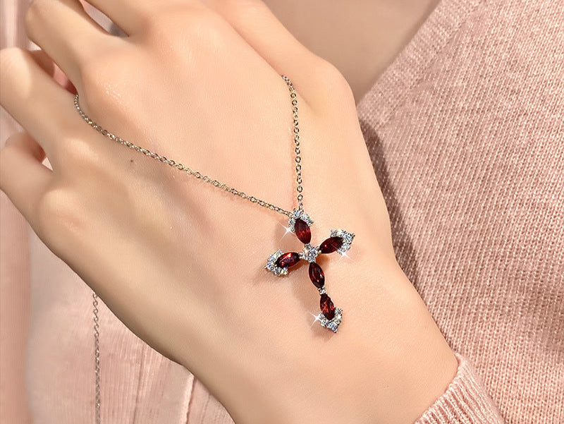Natural Crystal Hip - Hop Cross Pendant S925 Sterling Silver Minimalist Versatile Internet Famous Necklace