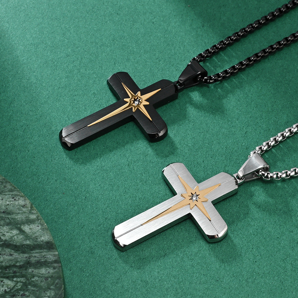 Minimalist Beveled Hexagram-Embellished Stainless Steel Cross Pendant Hip-hop Inlaid Stone Necklace Accessory