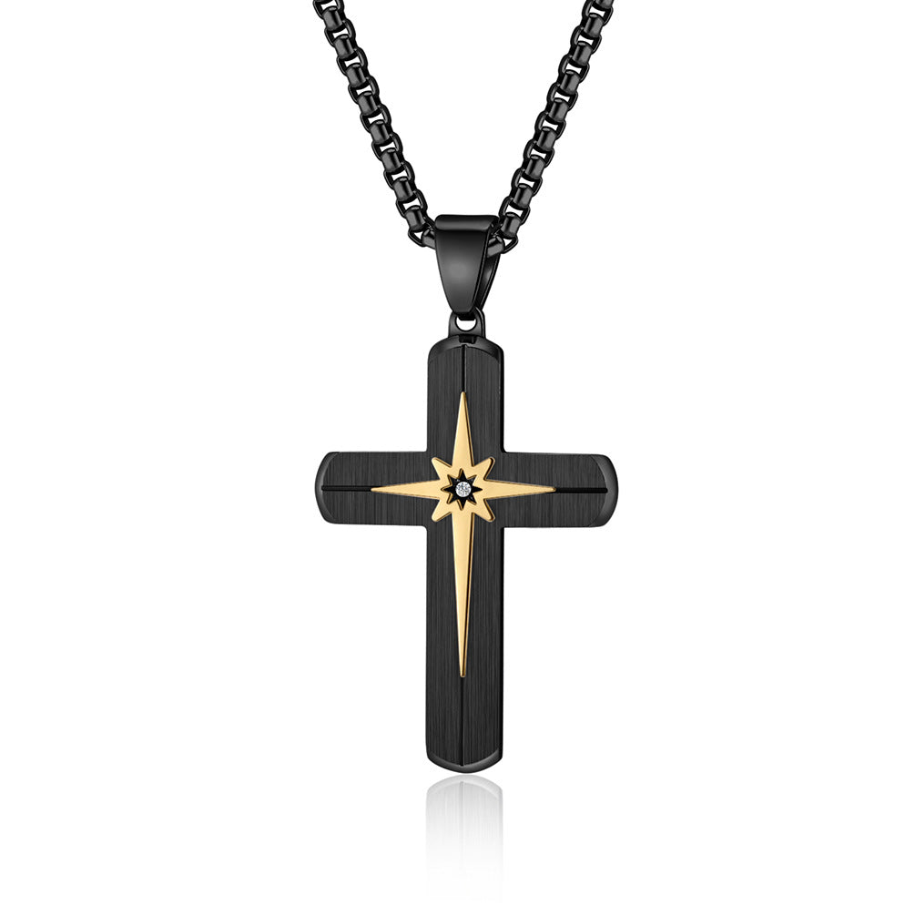 Minimalist Beveled Hexagram-Embellished Stainless Steel Cross Pendant Hip-hop Inlaid Stone Necklace Accessory