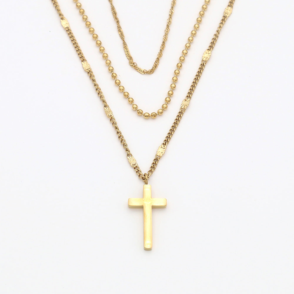 French Retro 3-Layer Chain Stackable Cross Pendant Necklace Tarnish-Resistant Clavicle Chain for Men and Women Trendy Vintage Jewelry Piece