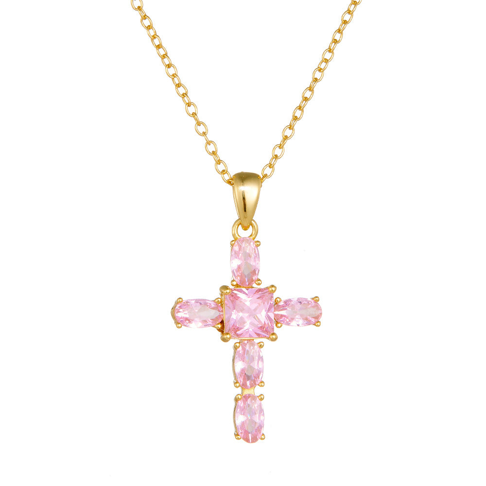 S925 Sterling Silver Pink Zircon Cross Necklace for Women - Minimalist Design with a Touch of Quirky Elegance