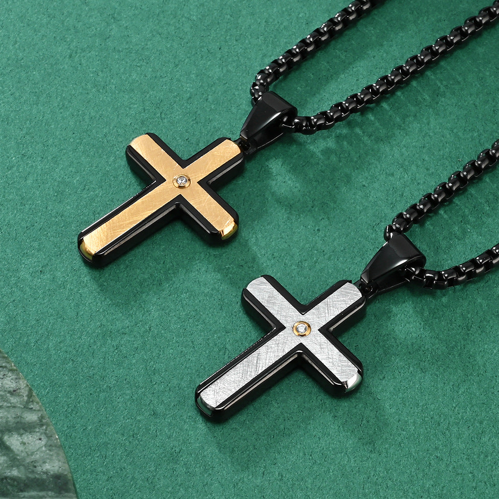 Silk Texture Bezel Set Necklace with Small-Sized Two-Tone Cross Pendant - Men's Stamped Fashion Accessory