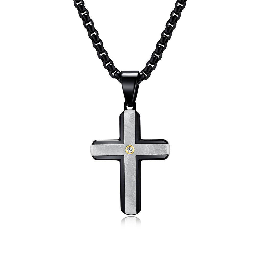 Silk Texture Bezel Set Necklace with Small-Sized Two-Tone Cross Pendant - Men's Stamped Fashion Accessory