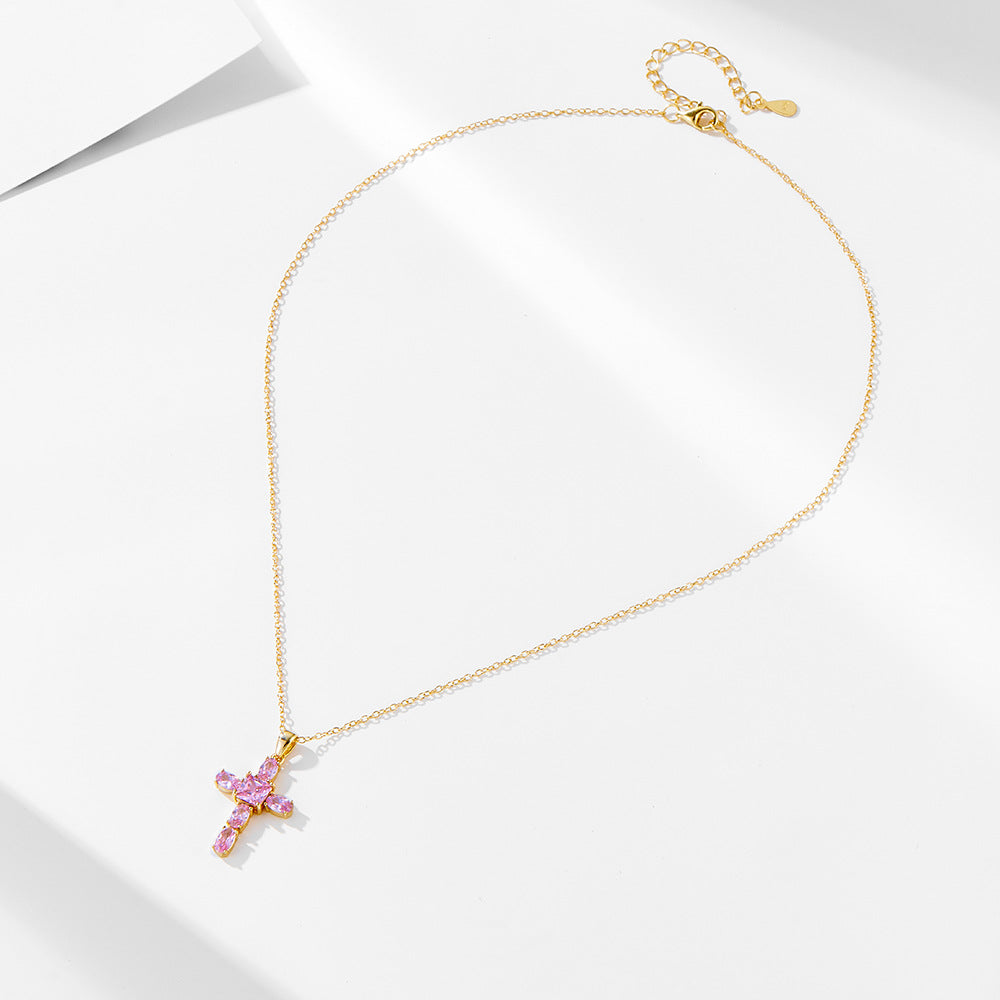 S925 Sterling Silver Pink Zircon Cross Necklace for Women - Minimalist Design with a Touch of Quirky Elegance