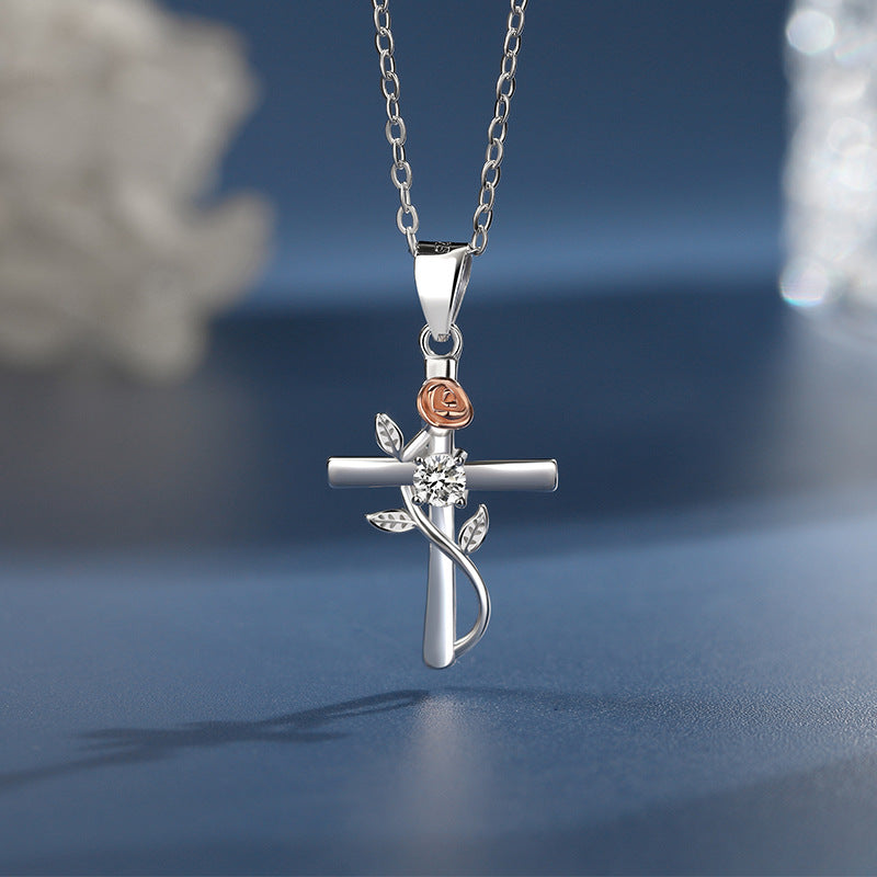 S925 Sterling Silver Rose Cross Necklace for Women - Summer High-End Pendant Versatile Clavicle Chain