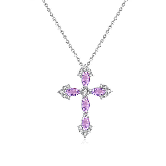 Natural Crystal Hip - Hop Cross Pendant S925 Sterling Silver Minimalist Versatile Internet Famous Necklace