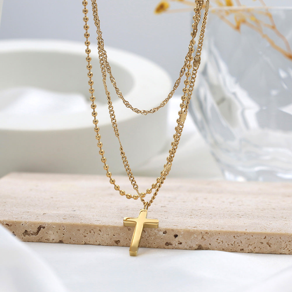 French Retro 3-Layer Chain Stackable Cross Pendant Necklace Tarnish-Resistant Clavicle Chain for Men and Women Trendy Vintage Jewelry Piece