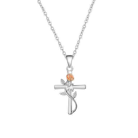 S925 Sterling Silver Rose Cross Necklace for Women - Summer High-End Pendant Versatile Clavicle Chain