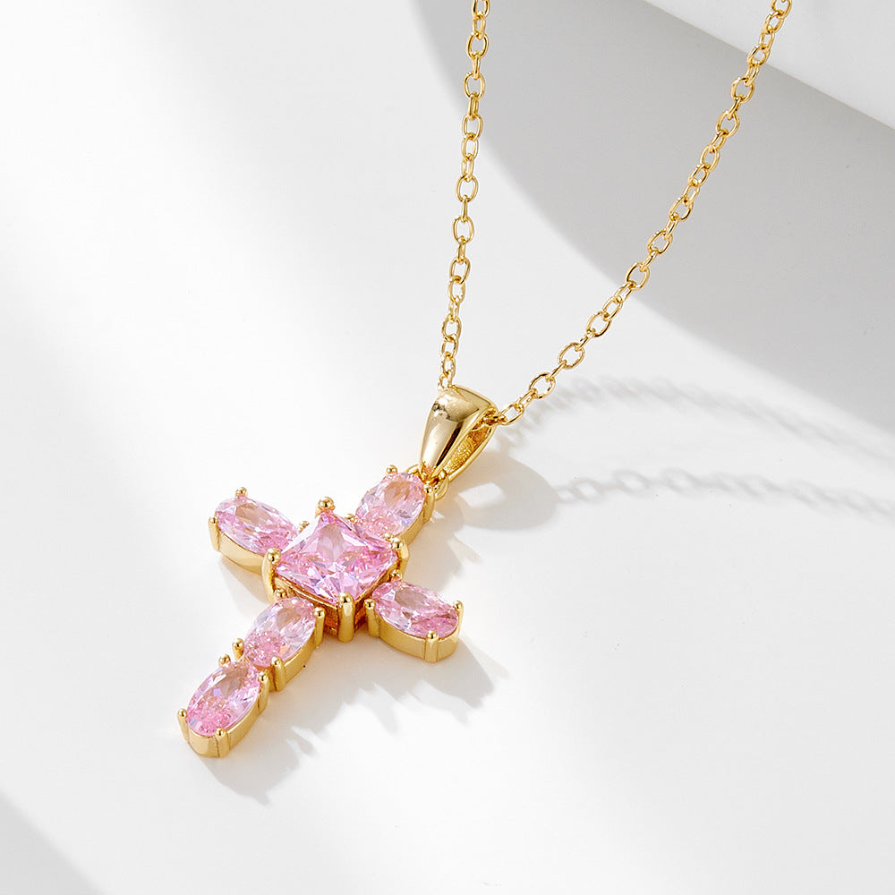 S925 Sterling Silver Pink Zircon Cross Necklace for Women - Minimalist Design with a Touch of Quirky Elegance