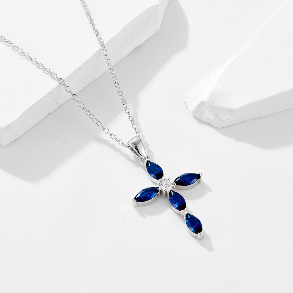 Luxury Silver Cross Necklace with Blue Cubic Zirconia - Sparkling Allure for Every Occasion
