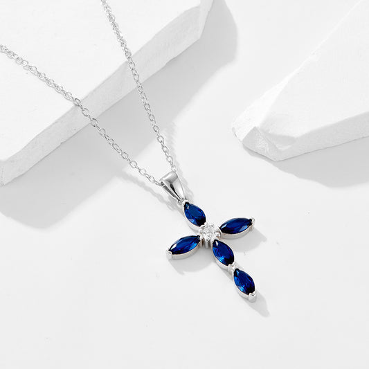 Luxury Silver Cross Necklace with Blue Cubic Zirconia - Sparkling Allure for Every Occasion