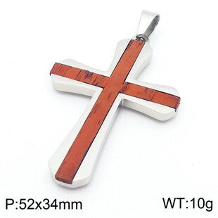 Stylish Minimalist Two-Tone Couple Necklace - Stainless Steel Inlaid with Padauk Solid Wood Cross Pendant
