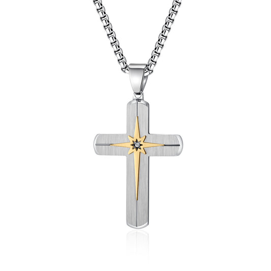 Minimalist Beveled Hexagram-Embellished Stainless Steel Cross Pendant Hip-hop Inlaid Stone Necklace Accessory