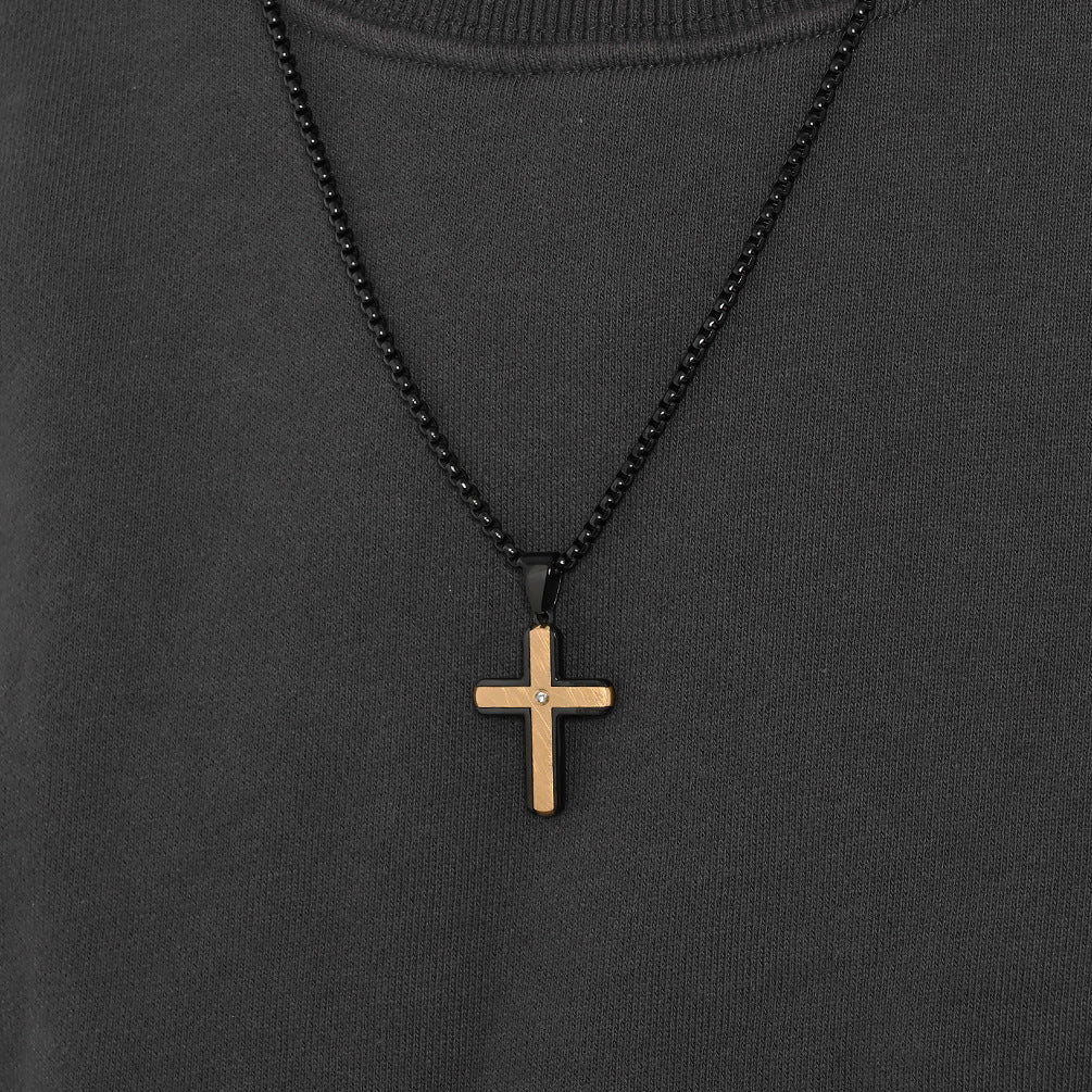 Silk Texture Bezel Set Necklace with Small-Sized Two-Tone Cross Pendant - Men's Stamped Fashion Accessory