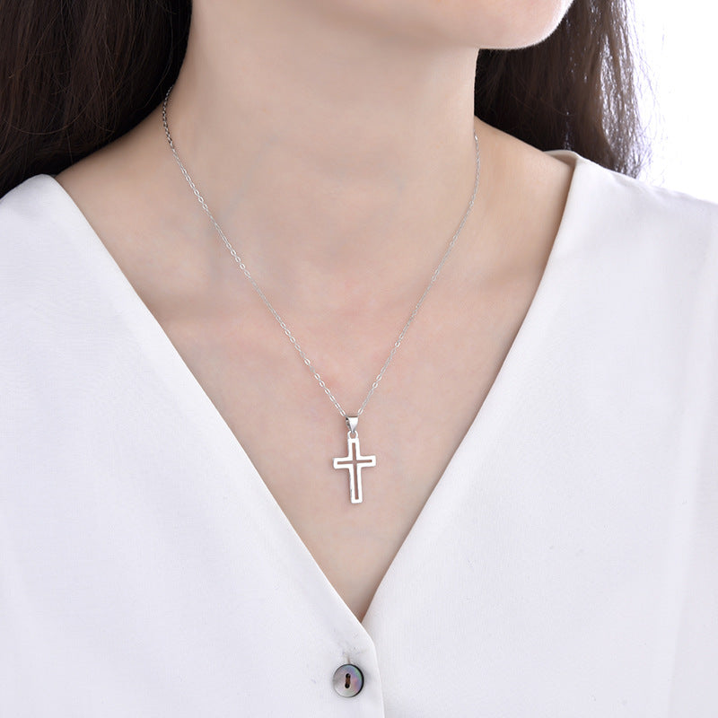 S925 Sterling Silver Hollow Cross Necklace for Women - Cross - Border Western Fashion Versatile High - End Pendant Clavicle Chain