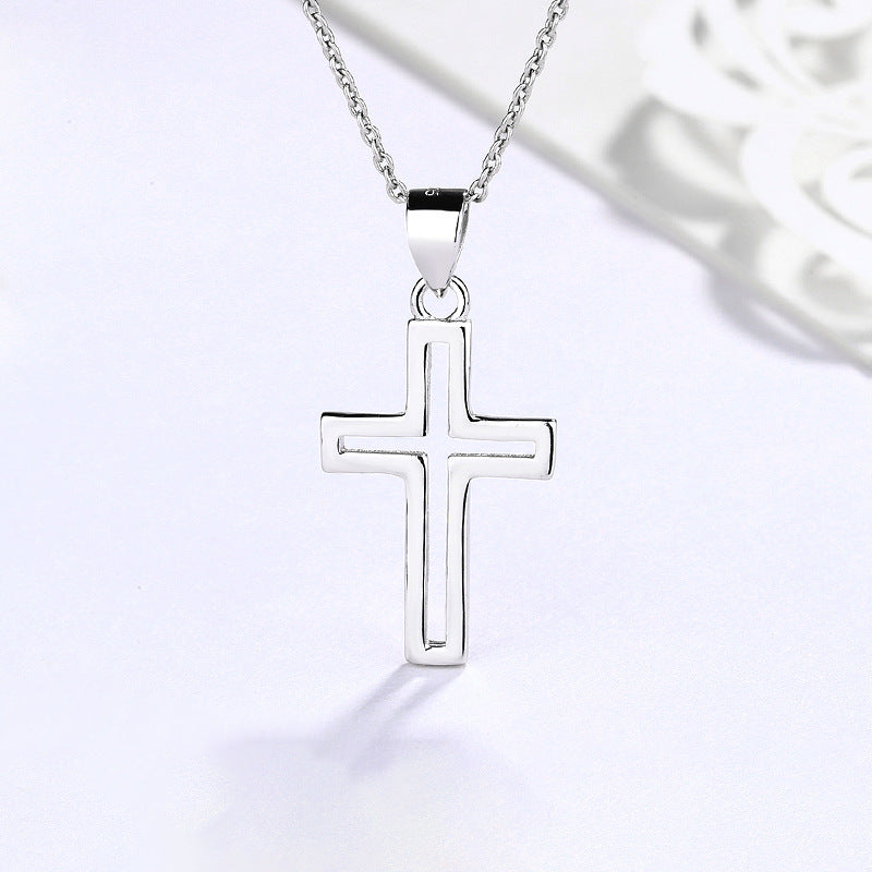 S925 Sterling Silver Hollow Cross Necklace for Women - Cross - Border Western Fashion Versatile High - End Pendant Clavicle Chain