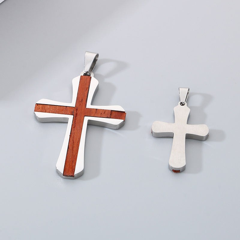Stylish Minimalist Two-Tone Couple Necklace - Stainless Steel Inlaid with Padauk Solid Wood Cross Pendant