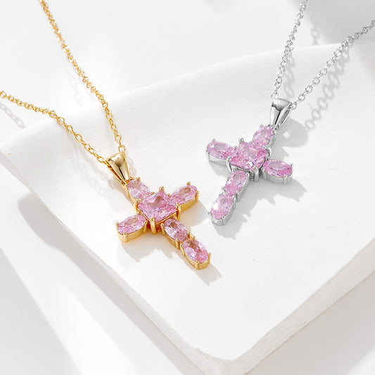 S925 Sterling Silver Pink Zircon Cross Necklace for Women - Minimalist Design with a Touch of Quirky Elegance