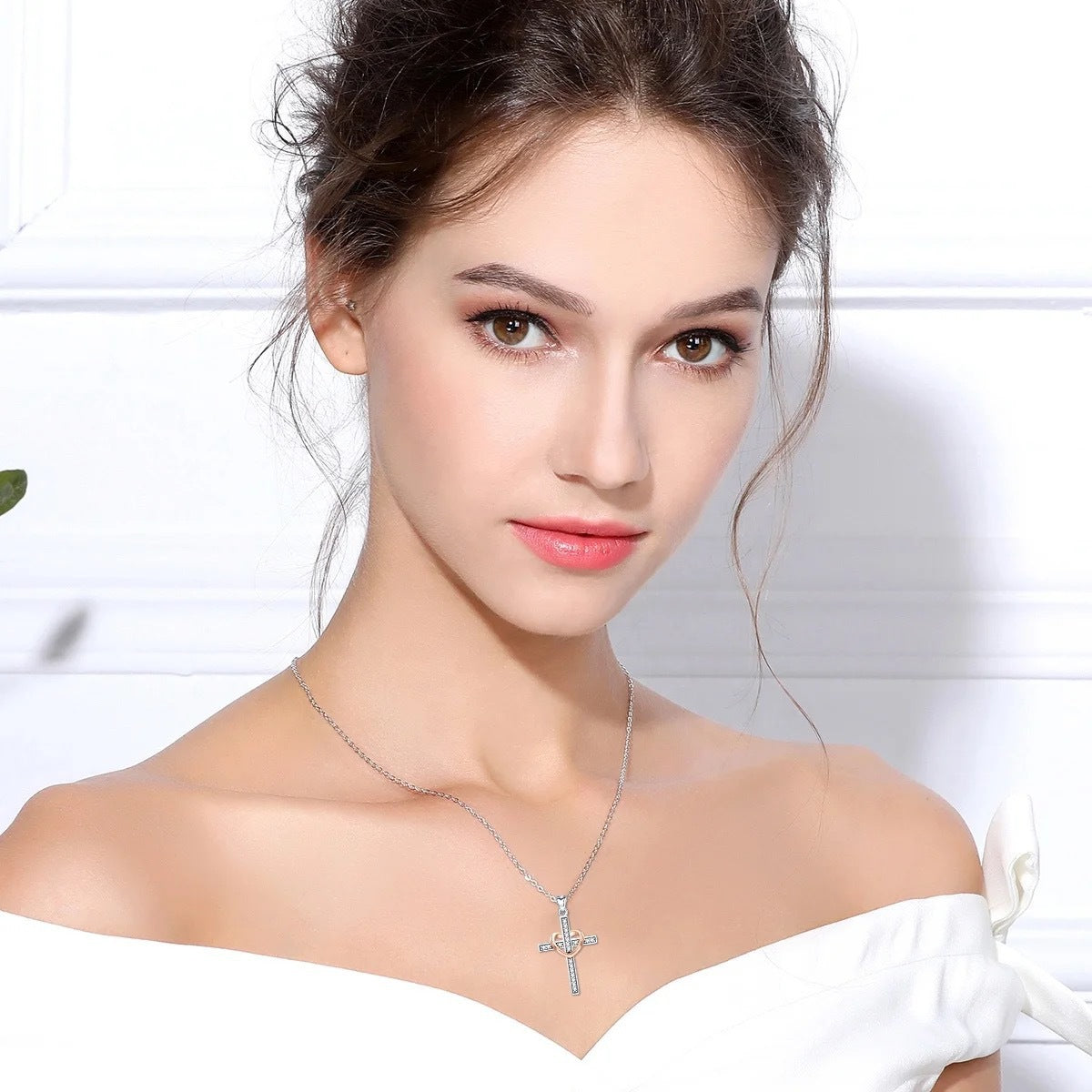Religious Cross Pendant Necklace with Zircon Inlay & Heart-Shaped Silver Necklace