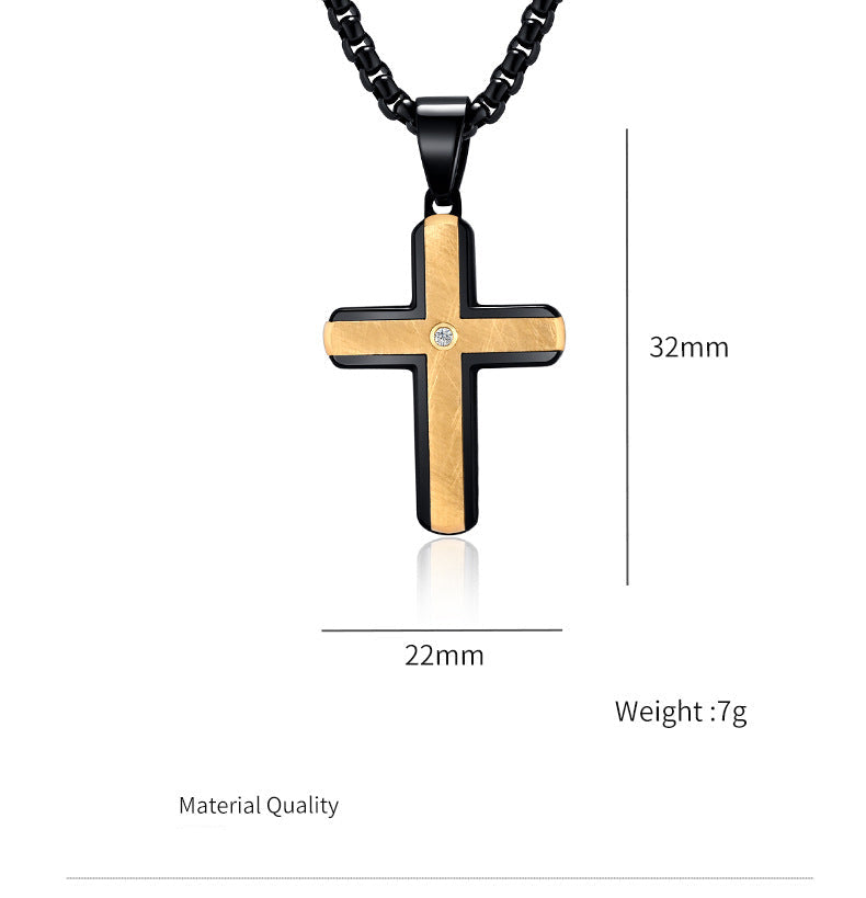 Silk Texture Bezel Set Necklace with Small-Sized Two-Tone Cross Pendant - Men's Stamped Fashion Accessory