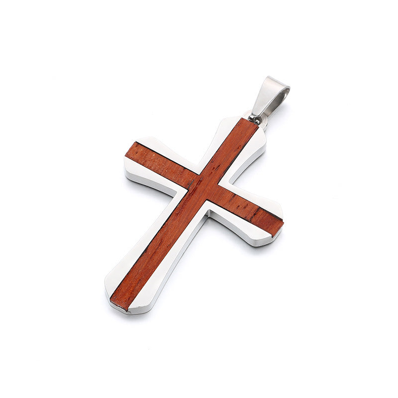 Stylish Minimalist Two-Tone Couple Necklace - Stainless Steel Inlaid with Padauk Solid Wood Cross Pendant