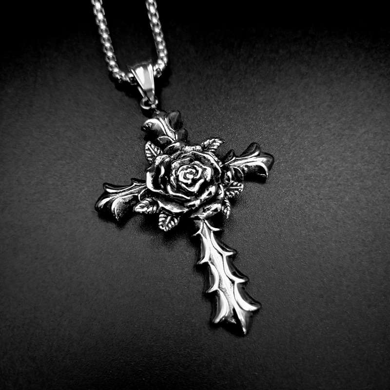 New Vintage Pendant Stainless Steel Cross Rose Necklace