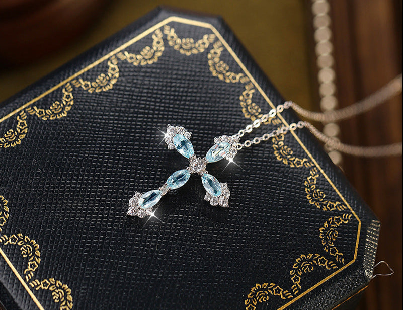 Natural Crystal Hip - Hop Cross Pendant S925 Sterling Silver Minimalist Versatile Internet Famous Necklace