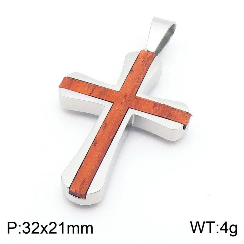 Stylish Minimalist Two-Tone Couple Necklace - Stainless Steel Inlaid with Padauk Solid Wood Cross Pendant