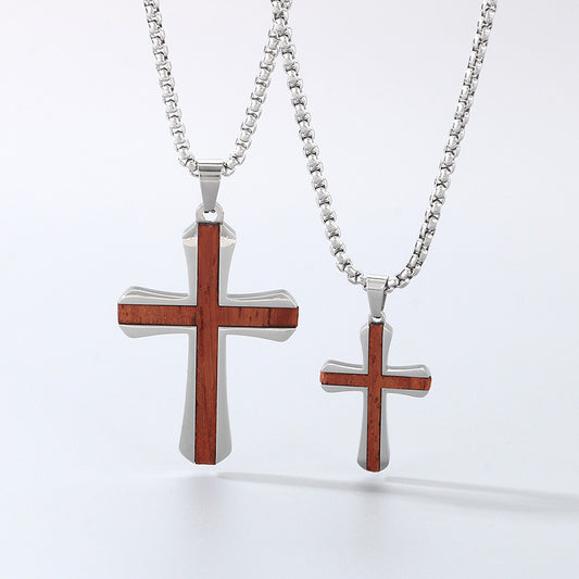 Stylish Minimalist Two-Tone Couple Necklace - Stainless Steel Inlaid with Padauk Solid Wood Cross Pendant
