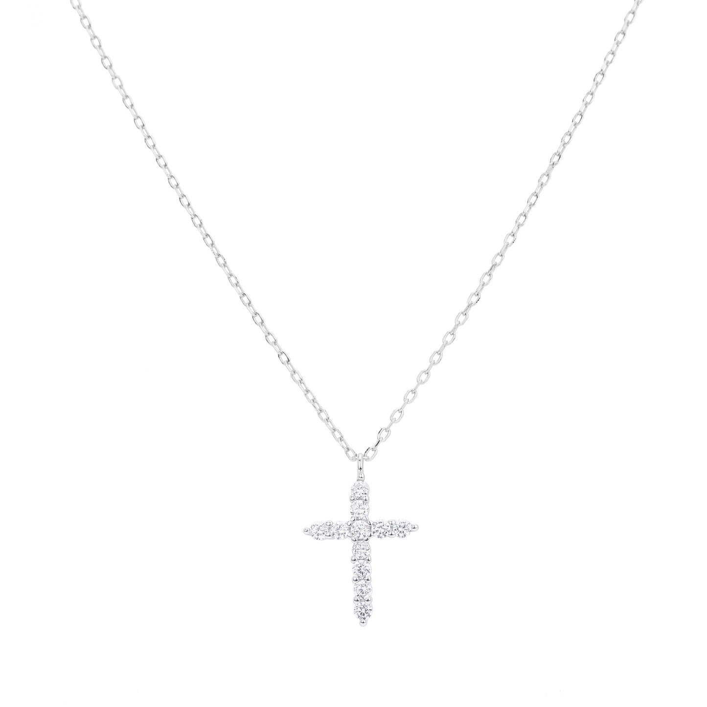 New! S925 Sterling Silver Cross Necklace with Diamond-Look Zirconia Accents