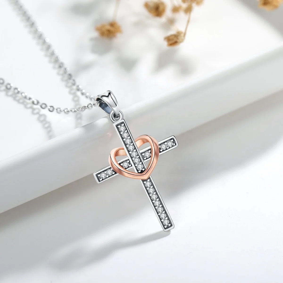 Religious Cross Pendant Necklace with Zircon Inlay & Heart-Shaped Silver Necklace