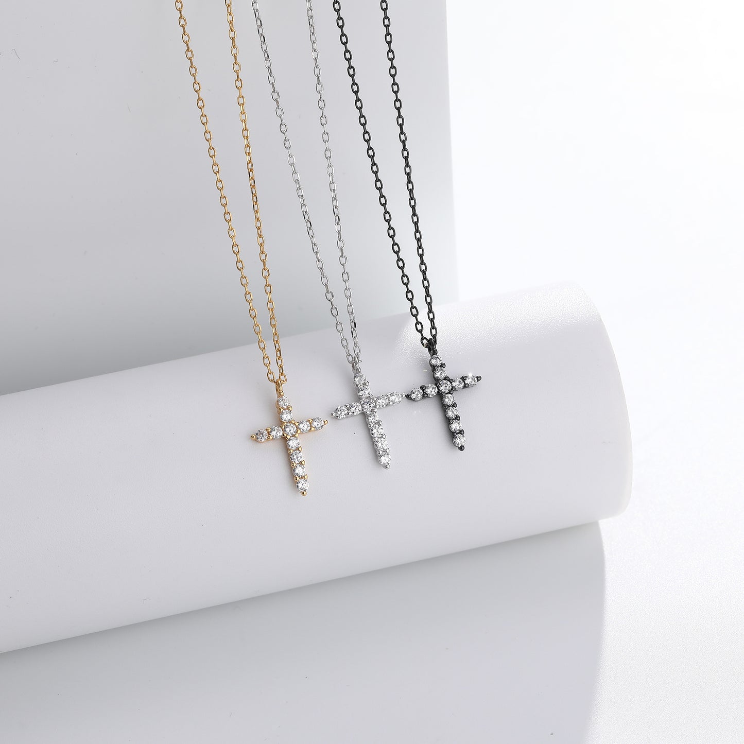 New! S925 Sterling Silver Cross Necklace with Diamond-Look Zirconia Accents