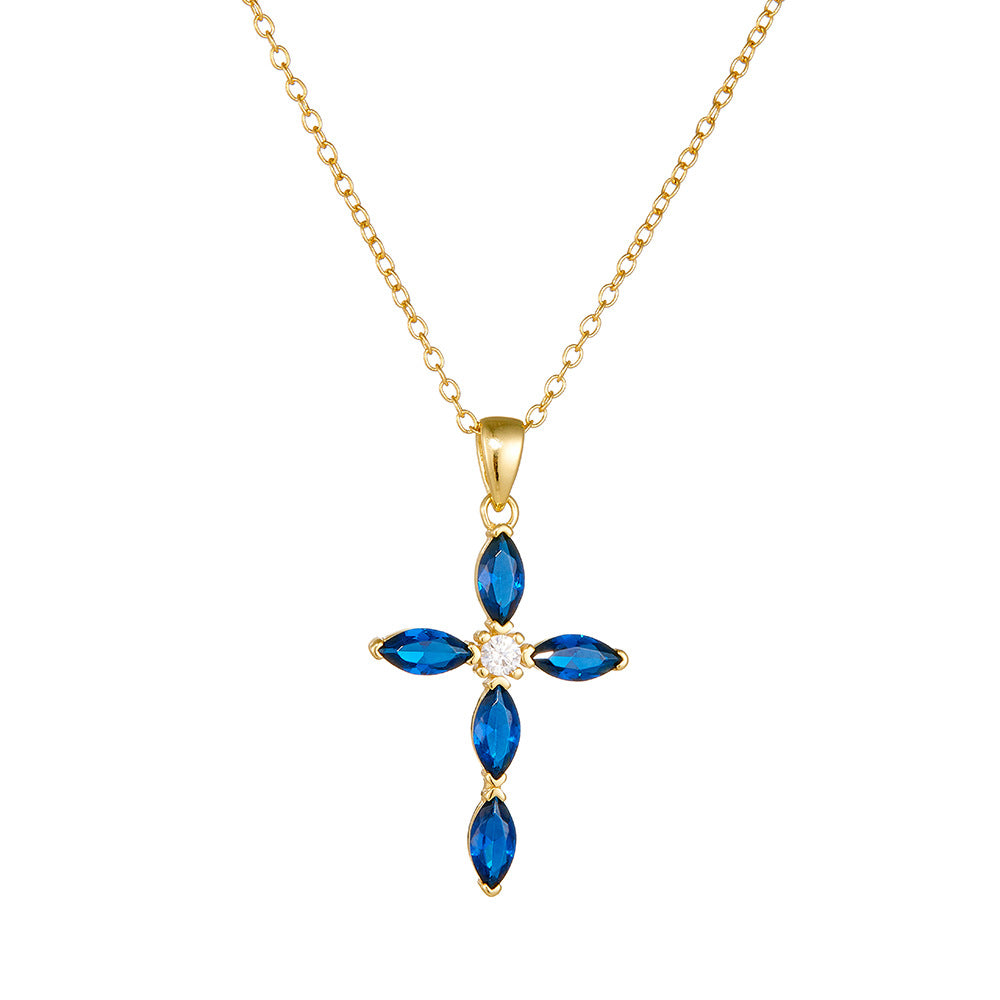 Luxury Silver Cross Necklace with Blue Cubic Zirconia - Sparkling Allure for Every Occasion