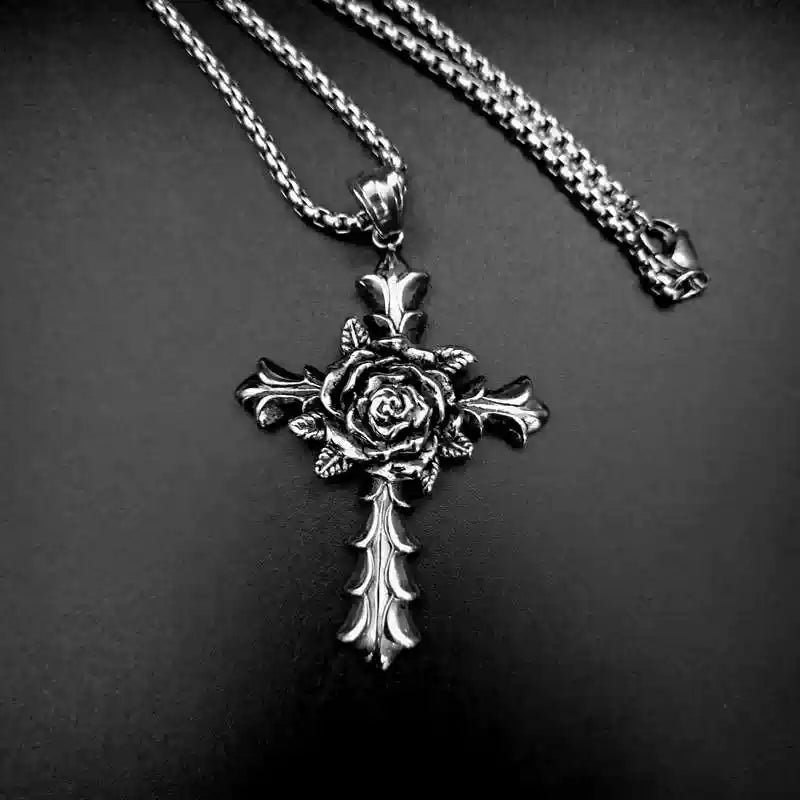 New Vintage Pendant Stainless Steel Cross Rose Necklace