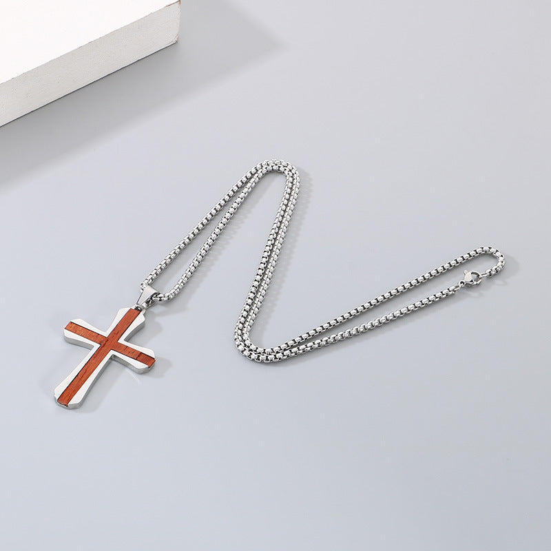 Stylish Minimalist Two-Tone Couple Necklace - Stainless Steel Inlaid with Padauk Solid Wood Cross Pendant