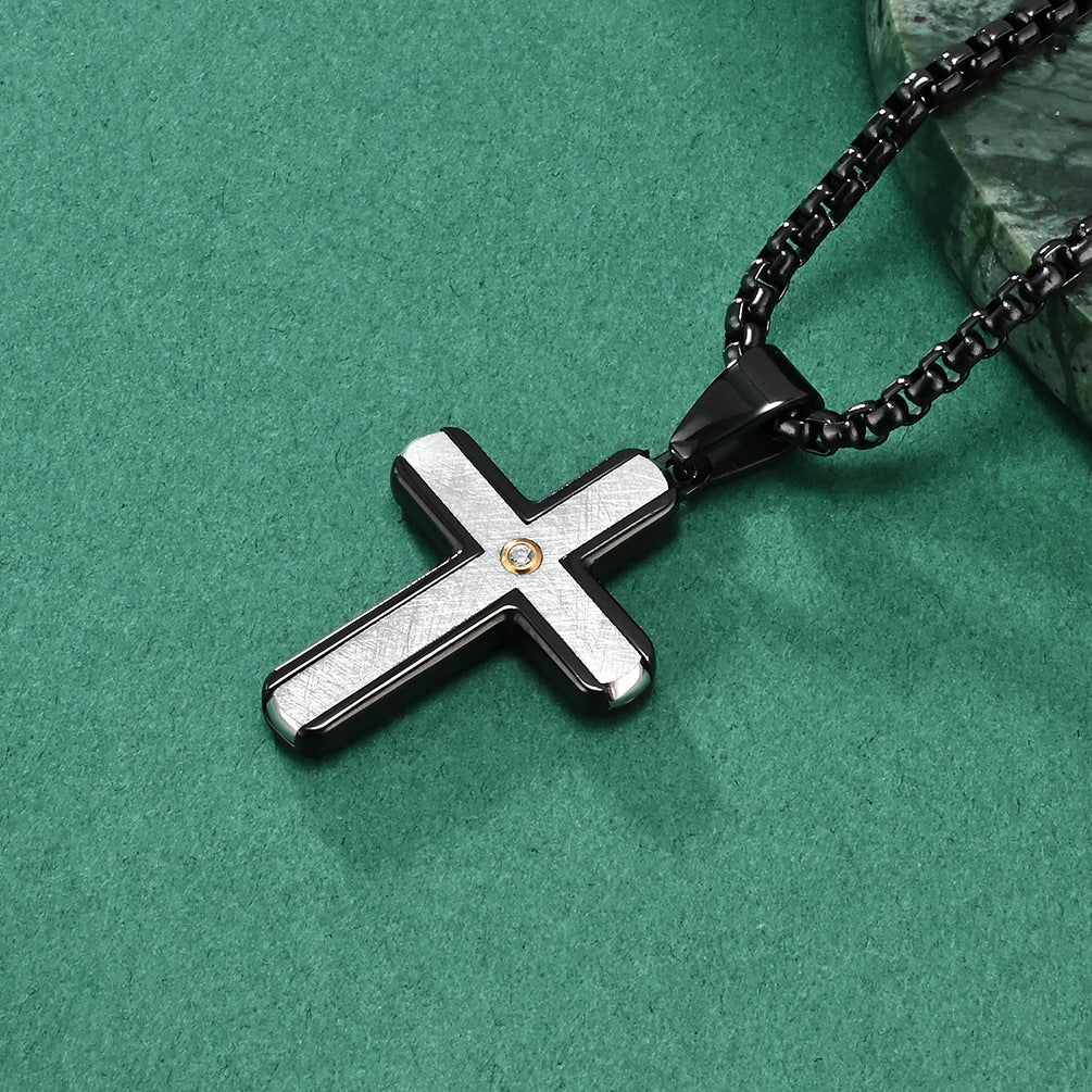 Silk Texture Bezel Set Necklace with Small-Sized Two-Tone Cross Pendant - Men's Stamped Fashion Accessory