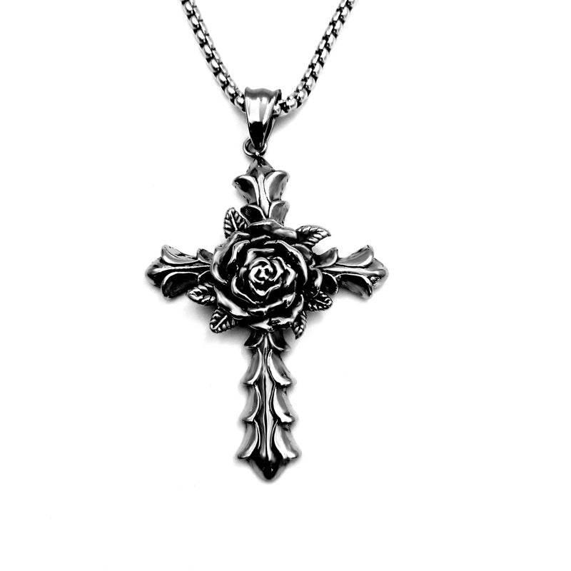 New Vintage Pendant Stainless Steel Cross Rose Necklace