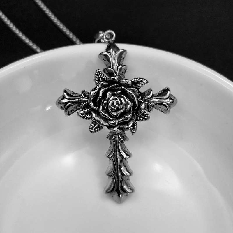 New Vintage Pendant Stainless Steel Cross Rose Necklace