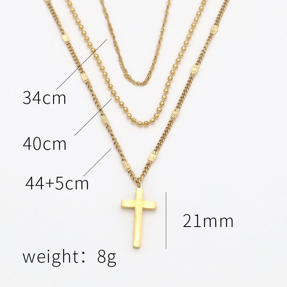 French Retro 3-Layer Chain Stackable Cross Pendant Necklace Tarnish-Resistant Clavicle Chain for Men and Women Trendy Vintage Jewelry Piece