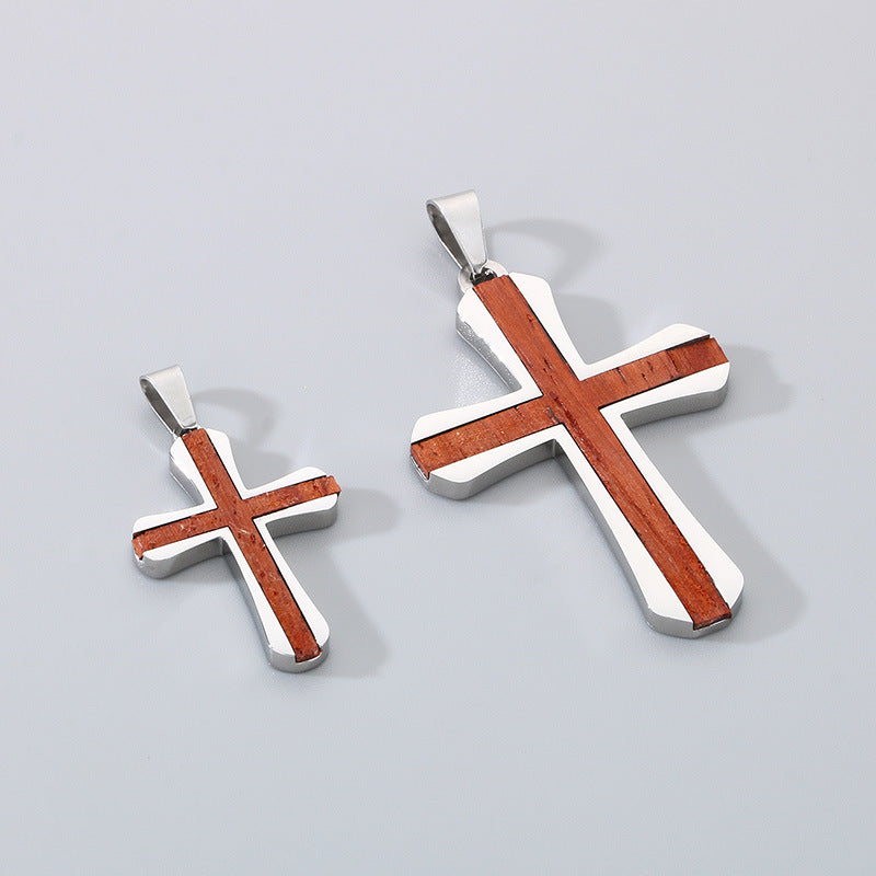 Stylish Minimalist Two-Tone Couple Necklace - Stainless Steel Inlaid with Padauk Solid Wood Cross Pendant