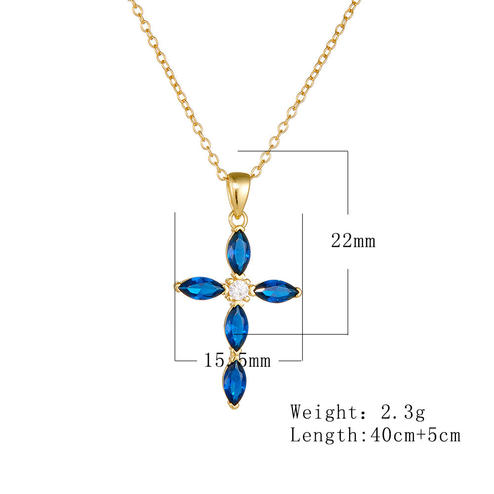 Luxury Silver Cross Necklace with Blue Cubic Zirconia - Sparkling Allure for Every Occasion